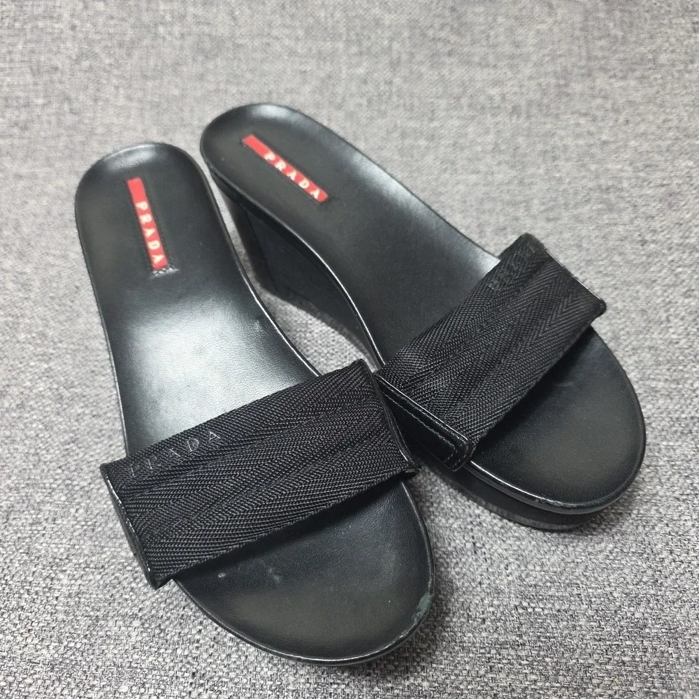 Prada Sport Authentic Solid Black Leather Platform Wedge Slides Sandals 36.5